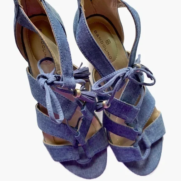 Bandolino Lace Up Denim Wedge Sandals - Picture 1 of 12